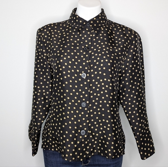 LSL black brown polka dot 2/3 sleeve button up silk shirt L - Picture 1 of 7